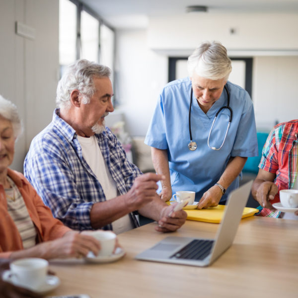 Senior living residents chatting
